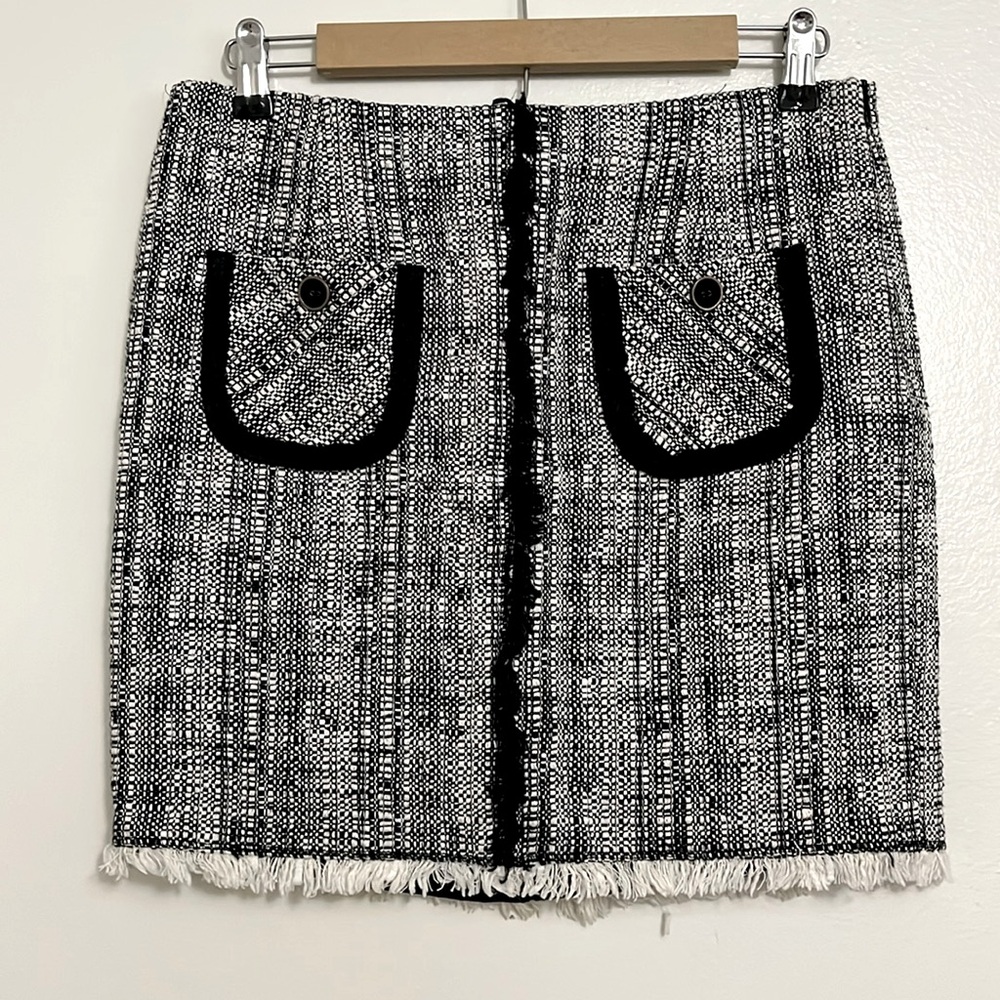 Trina Turk Black Tweed Mini Skirt with Fringe Hem, Cotton-Wool Blend